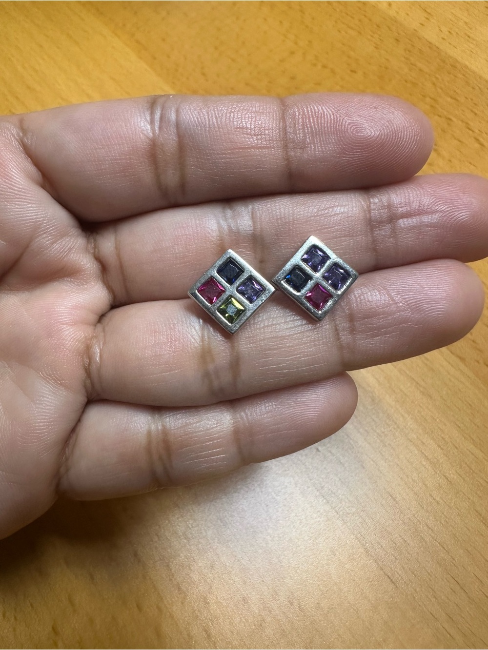 Multi-Color Square Stud Earrings - Sterling silver 925 stamped - Picture 3 of 3
